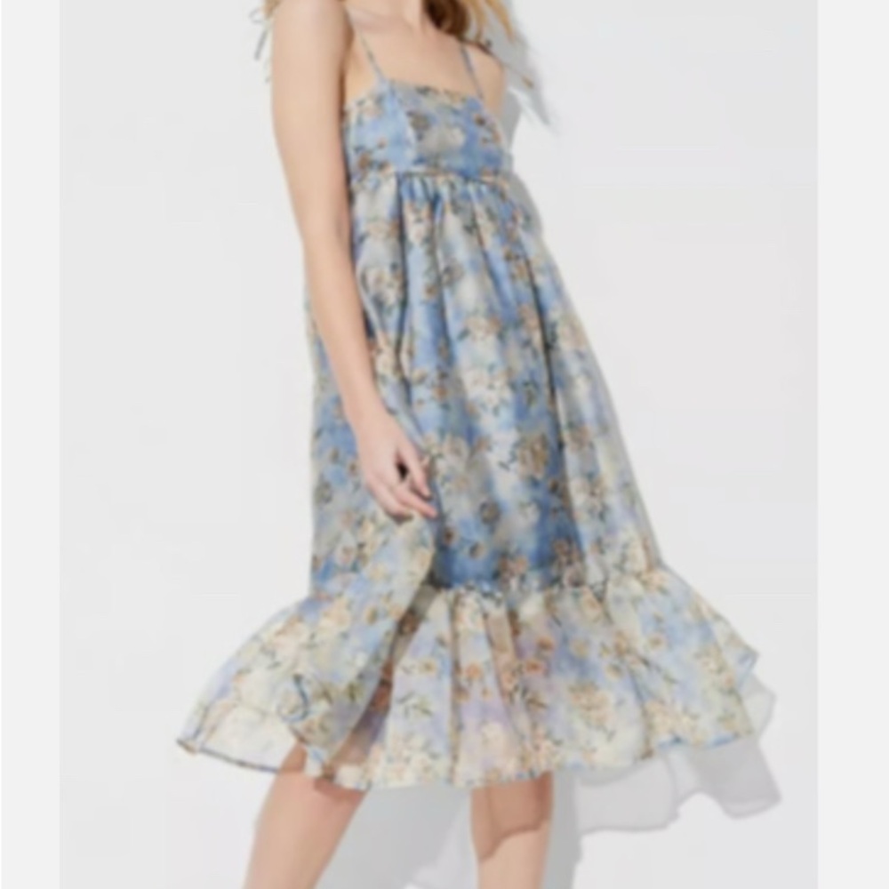 Midi Dress, Organza Babydoll, Blue Floral, Zip Up, Stretch Size XS Whimsy Goth